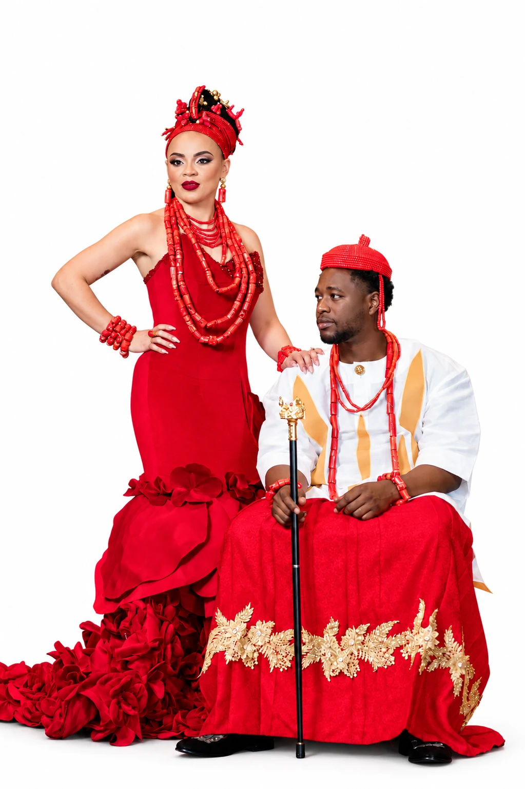 Red African couture gown with seated companion