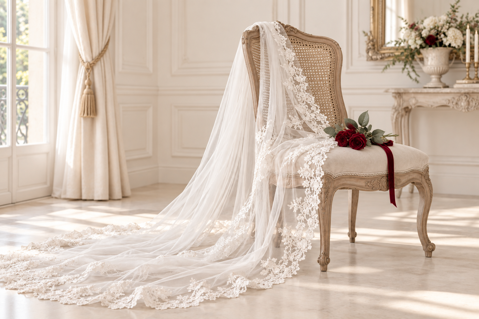 An ivory lace veil draped over a salon chair with deep red roses and velvet ribbon