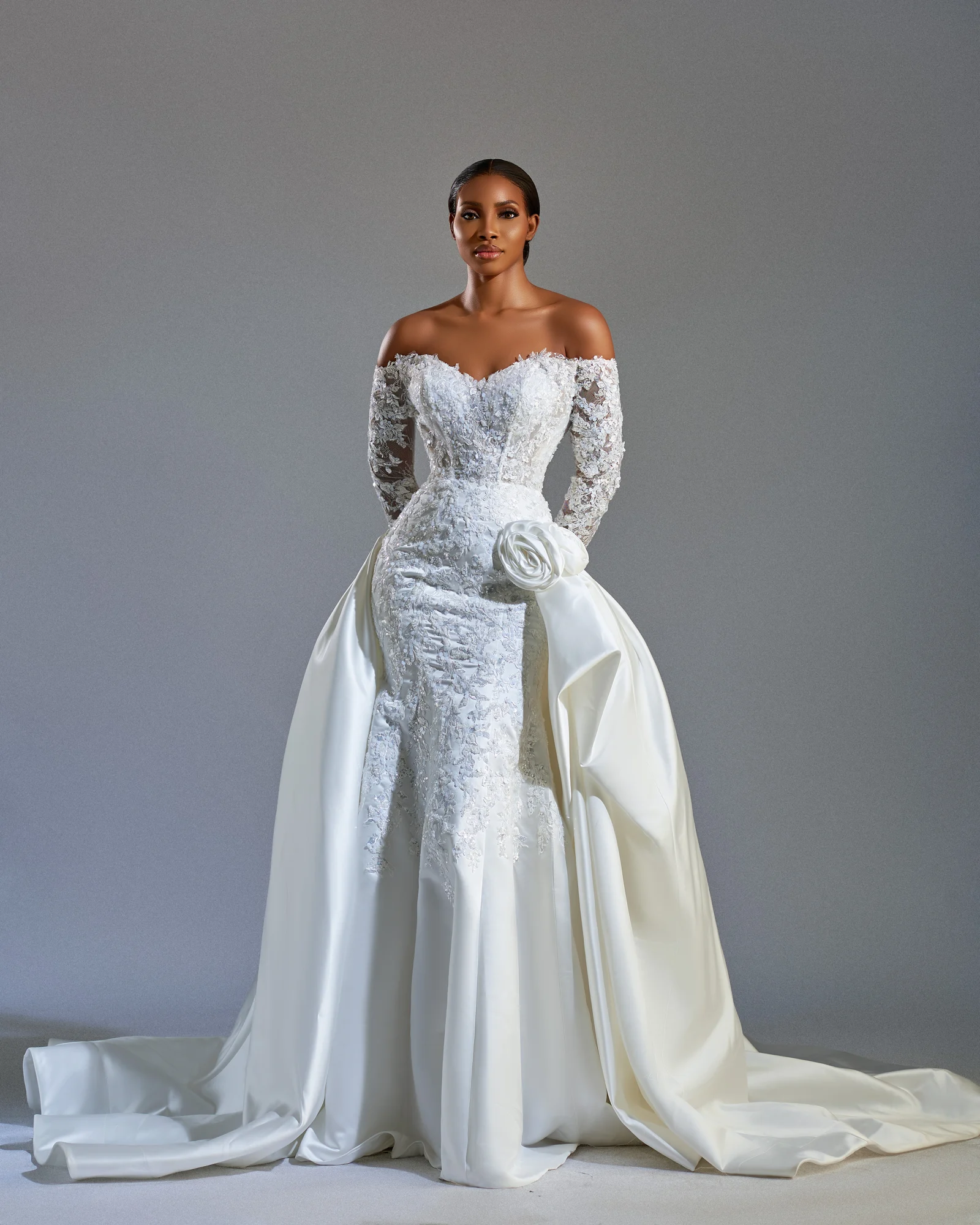 Esther lace and satin gown with detachable overskirt